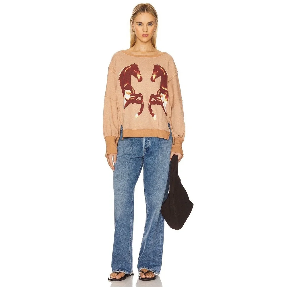 NEW We The Free People Oversized Camden Crew Sweatshirt Mirrored Horses Large/L